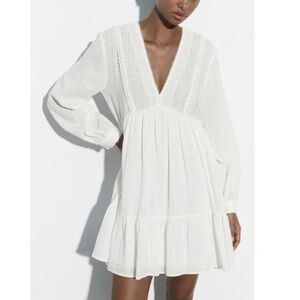 Zara Gauze Babydoll Tunic Dress Size L White Lace Trim V-Neck Cottage Boho